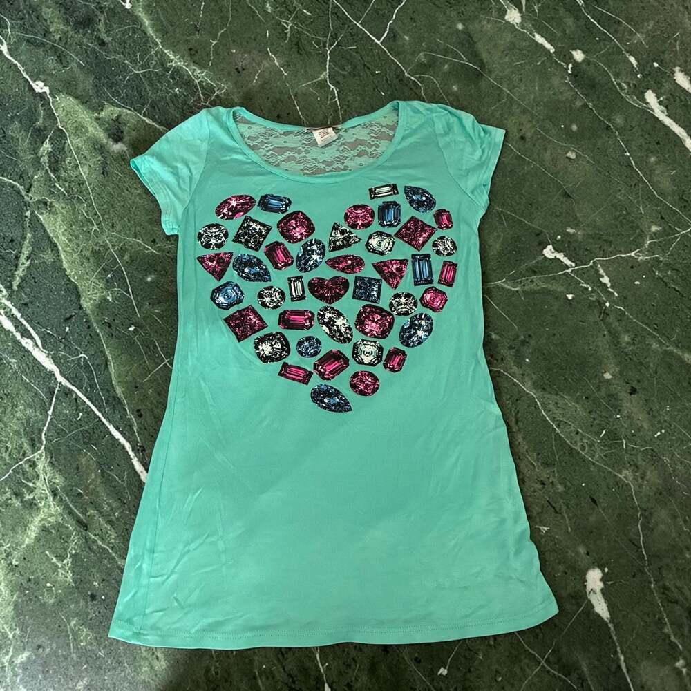 Vitta Luna Teal Lace Back Gem Heart Graphic T-Shirt Size S